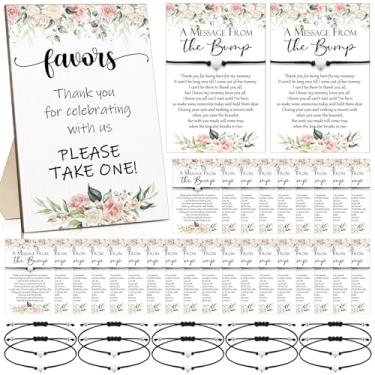 Imagem de Thyle Conjunto de 50 lembrancinhas de chá de bebê para convidados, 50 pulseiras ajustáveis de coração, 50 mensagens da colisão, 1 placa de jogo de chá de bebê de madeira, decoração de festa para