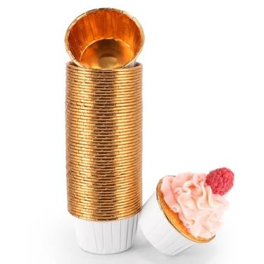 Imagem de TRUSBER Forros de cupcake de folha branca e dourada, 100 peças de forros de muffin descartáveis de 100 ml, embalagens para assar, caixas de papel de muffin metálico, copos de cozimento