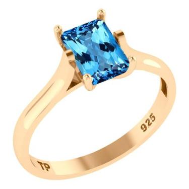 Imagem de Anel Solitário Retangular Prata 925 Dourada 18k - Topázio - Tudo Prata