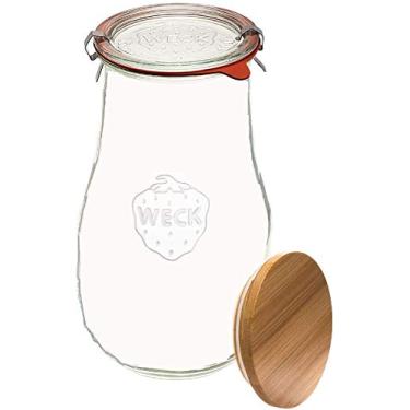 Imagem de Weck Jars - Jarras de tulipa Weck de 2,5 litros – Potes para iniciantes de massa azeda, potes de vidro grandes para massa amarga – Pote de iniciante com tampa de vidro – Frasco de tulipa com boca larga – Adequado para conservas e armazenamento – (1 pote com tampa de madeira)