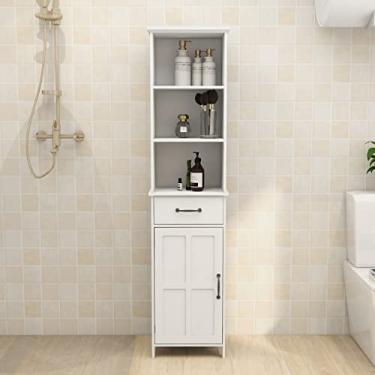 Imagem de LifeSky Armário de armazenamento alto para banheiro – Armário de armazenamento fino com gaveta e porta – Armários de banheiro estreitos com prateleiras abertas branco