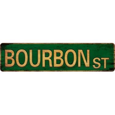 Imagem de Placa de rua BOURBON ST de metal vintage - 10 cm x 40,6 cm em decoração de arte de parede - Retro Tin Ben Dover Lane Room Home Bar Pub Cafe Decor Sinais