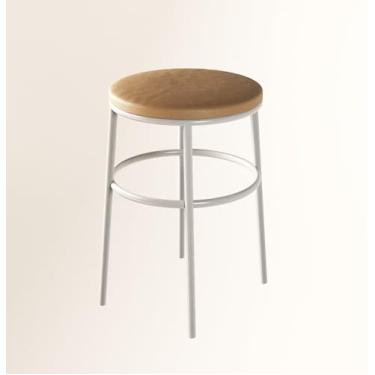 Imagem de Banqueta Itália Redonda Estofada 65cm Aço Branco e Corino Bege Impermeável - para Cozinha e Bar