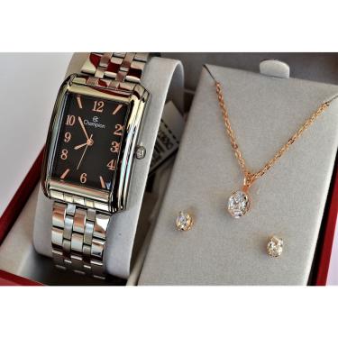 Imagem de Relogio champion feminino prateado quadrado CN20373I + kit semi joia