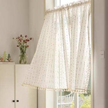 Imagem de Boho Rainbow Pompom Sheer Valance Faux Linen Stripe Window Topper Cortina com Borlas Filtragem de Luz Cortinas Curtas Camada para Café/Banheiro/Cozinha Rod Pocket 2 Painéis (L99 x C47 Polegadas