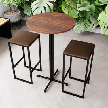 Imagem de Conjunto Mesa Alta Bar Bistrô Redonda Imbuia 2 Bancos Estofado Industrial Black (Marrom)