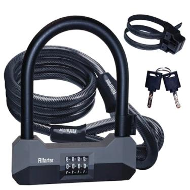 Imagem de Rifarter Trava de bicicleta resistente antifurto, combo de bloqueio em U, combinação reinicializável de 4 dígitos com cabo de aço de 1,8 m para bicicleta elétrica, escooter, motocicleta