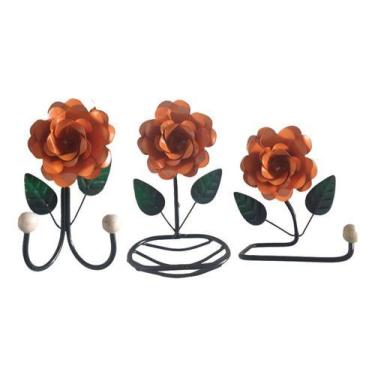 Imagem de Kit 3 Peças para Banheiro com Flores em Ferro - Art MM, Laranja