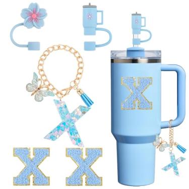 Imagem de Acessórios de copo para Stanley Cup 850.5 g 1,134.0 g, decoração de iniciais de copo para Stanley, incluindo tampa de palha de silicone, pingente de alça, adesivo, azul, 5 peças (X)