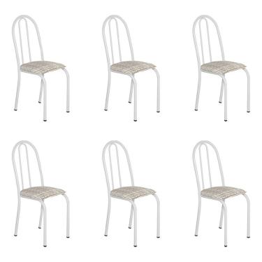 Imagem de Kit 6 Cadeiras De Cozinha Califórnia Estampado Rattan Bege Pés De Ferro Branco