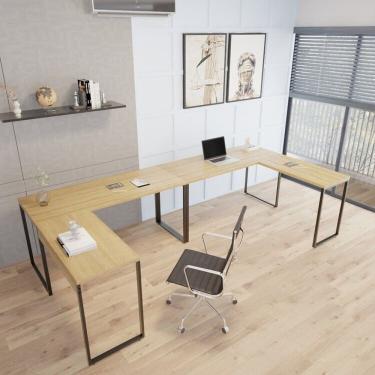 Imagem de Kit 2 Mesas De Escritório Em L Estilo Industrial 1,50mx1,50m Kuadra Lamina Mel