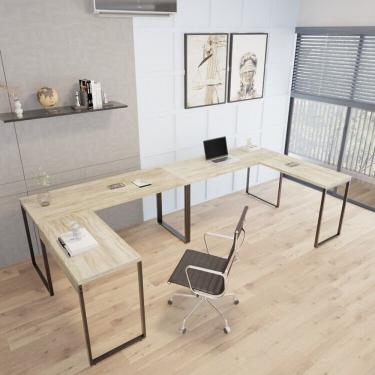 Imagem de Kit 2 Mesas De Escritório Em L Estilo Industrial 1,50mx1,50m Kuadra Carvalho