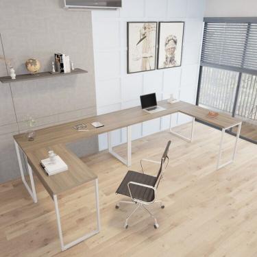 Imagem de Kit 2 Mesas De Escritório Em L Estilo Industrial 1,50mx1,50m Kuadra Nogal-branco