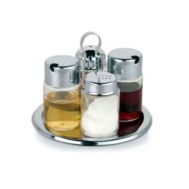 Imagem de Galheteiro Redondo Forma 2106-p Em Vidro E Aço Inox 5 Peças Transparente