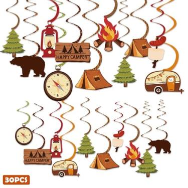 Imagem de Levfla 30CT Happy Camper Party Hanging Swirls Decoration Camping Kids Birthday Photo Props Ideas Tent Cutouts Adventure S'more Whirls Signs Baby Shower Favor Supplies