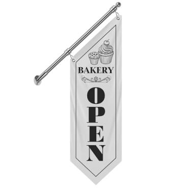 Imagem de QSUM Bandeira de parede de padaria, faixa de lona dupla face com poste e suporte de aço inoxidável, placa de pendurar ao ar livre para exibição de pão fresco, pastelaria e produtos assados (branco-W