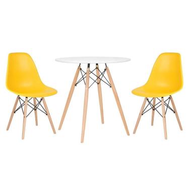 Imagem de Mesa Redonda Eames 70 Cm Branco + 2 Cadeiras Eiffel Dsw Amarelo