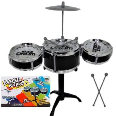 Imagem de MINI BATERIA MUSICAL 4 PÇS EDUCATIVO BRINQUEDO 3 TAMBORES + 1 PRATO + 2 BAQUETAS + SUPORTE INTERATIVO INFANTIL ROCK COMPLETA INSTRUMENTO MENINO MENINA 30/26/14 CENT