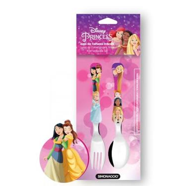 Imagem de SIMONAGGIO Jogo de Talheres Infantil Disney Kids Princesas - Kit de Talheres de Aço Inox Com Cabo Plástico Para Bebês - Multicor - 2 Peças