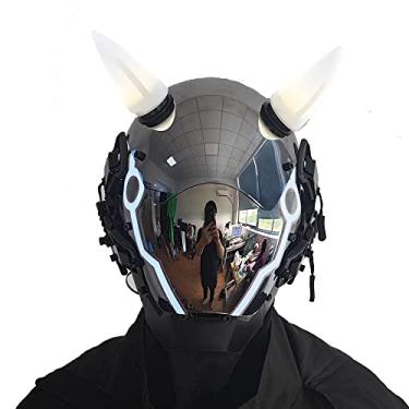 Imagem de KYEDAY Máscara punk para homens, máscara de chifre de boi de LED, tecnologia punk futurista, cosplay, dia das bruxas, acessórios para festivais de música (branca)