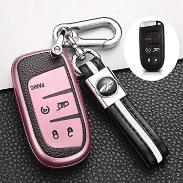 Imagem de ontto Capa de chave de 5 botões para Jeep Key Fob capa de chave padrão de couro TPU para Chrysler 300 200 Dodge Charger para Jeep Grand Cherokee Renegade Rosa