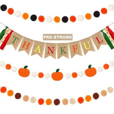 Imagem de Faixa de agradecimento, 4 peças, decorações de Ação de Graças, flâmula de serapilheira e abóbora de feltro com guirlanda colorida de pompom, decoração de outono para casa, cornija, escritório, outono