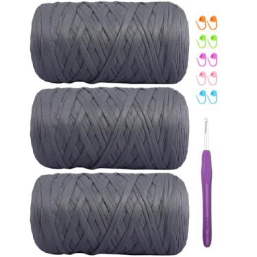 Imagem de Camiseta de 400 g de tecido elástico de crochê para tricô DIY, fio de crochê grosso espaguete para mão, bolsa faça você mesmo, cesta de almofada, projetos de crochê, decoração de casa (cinza escuro)