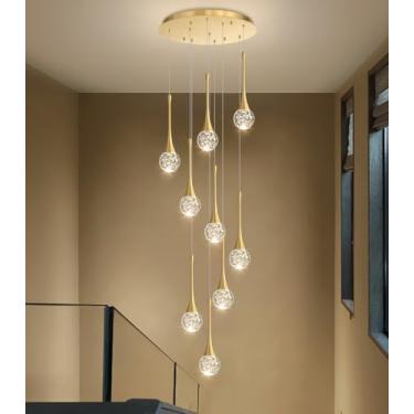 Imagem de Lustre de cristal glamoroso moderno de 9 luzes para teto alto LED regulável luz pendente de teto escadaria entrada sala de estar lustre iluminação ouro antigo