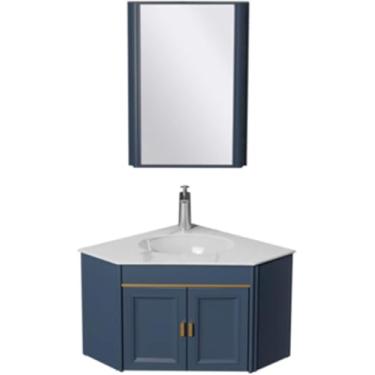 Imagem de Triângulo Banheiro Espelho Armário Combinação De Alumínio Montado Na Parede Integrado Bacia De Cerâmica Vaidade Pia Do Banheiro Conjunto De Armários, Blue, Sink