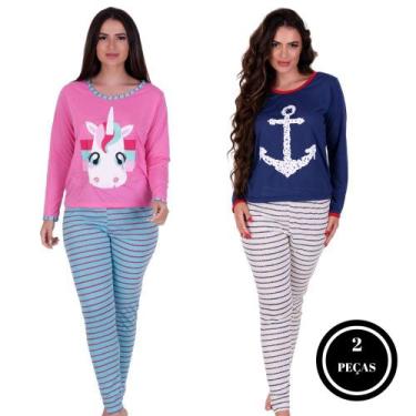 Imagem de Kit 2 Pijama Inverno Calça Manga Longa Unicórnio Âncora Girafa Vaquinh