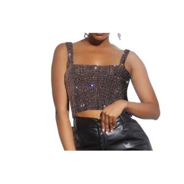 Imagem de B0403-Blusa Top Cropped Strass Pedraria Brilho Prateado Dourado Preto 