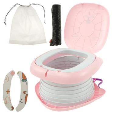 Imagem de Penico de viagem para crianças, penico portátil de plástico ABS infantil com fundo antiderrapante estável design curvado resistente penico dobrável com sacos de lixo para carro, uso interno e externo