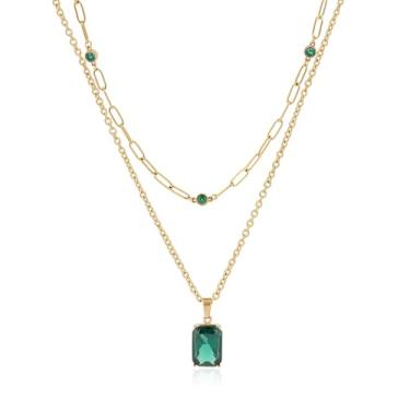 Imagem de TaYolnFaSo Colar com pingente de pedra do mês de nascimento em camadas, banhado a ouro 18 quilates, corrente com clipe de papel, coração, corte esmeralda, joia verde, presente de aniversário para