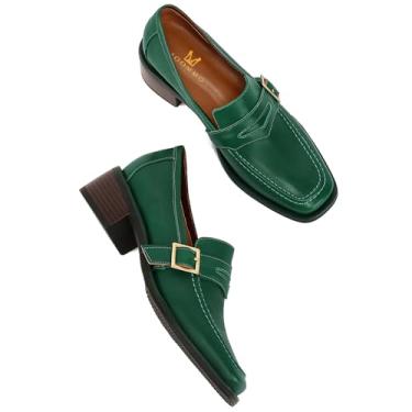Imagem de MOOMMO Mocassins Femininos Clássicos Penny Fechados Bico Quadrado Patenteado Salto Baixo Fivela de Metal 5 cm Salto Grosso Confortável Escritório Senhora Vintage Mocassim Tamanho 4-9 M EUA, Verde