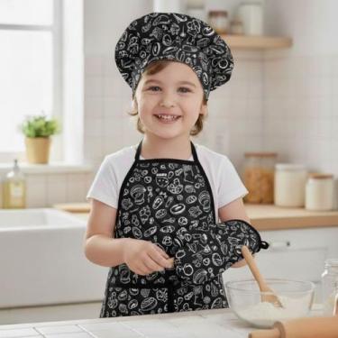 Imagem de Kit Avental Infantil de Cozinha Estampado com Touca e Luva - Mava Enxo