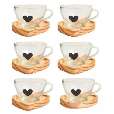 Imagem de Xícara de Vidro 90ml com Pires de Madeira – Design Moderno e Resistente, Ideal para Café Expresso, Chá e Cantinho do Café (6 XIC CAFÉ PRETA+PIRES CORAÇÃO)
