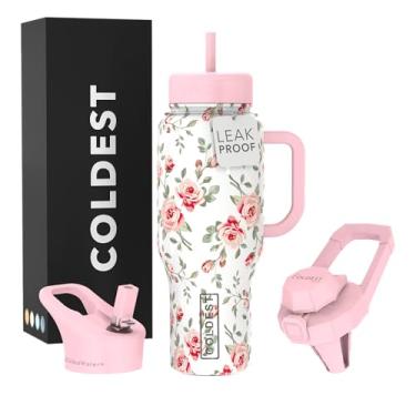 Imagem de Copo Coldest com alça e canudo - Copo isolado 100% à prova de vazamento com tampa e canudo (3 tampas) - Copos de aço inoxidável para mulheres e homens - Base compatível com porta-copos, 1,020 g