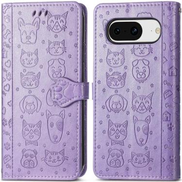 Imagem de MEUPZZK Capa carteira para Google Pixel 8, couro PU premium em relevo para gato e cachorro [suporte] [compartimentos para cartões] [alça de pulso] [flip fólio] [6,2 polegadas] capa de celular para