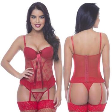 Imagem de Espartilho Completo Vermelho Em Renda Com Bojo Em Tule Lingerie Sexy S