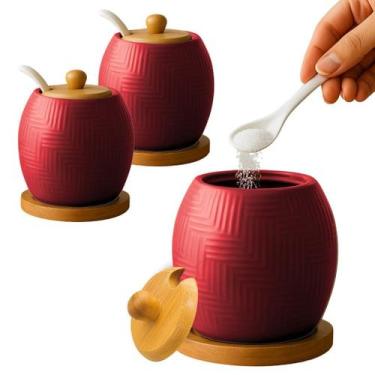 Imagem de Kit 2 Açucareiro Saleiro De Cerâmica Com Tampa De Bambu E Colher 250ml