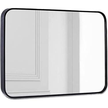 Imagem de Espelho de banheiro montado na parede cantos arredondados espelho de banheiro espelho de parede retangular moldura de liga de alumínio espelho suspenso para sala de estar quarto entrada parede