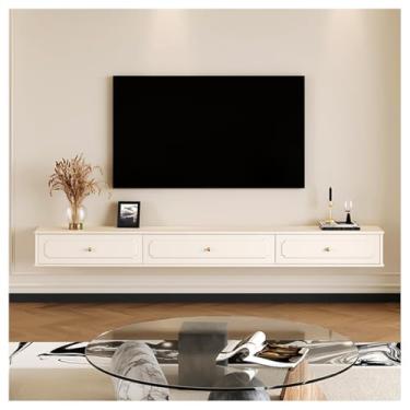 Imagem de Prateleira de TV flutuante marrom retrô com gavetas de armazenamento, console de mídia de TV montado na parede, centro de entretenimento moderno, suporte de TV branco com alça, prateleira de TV longa