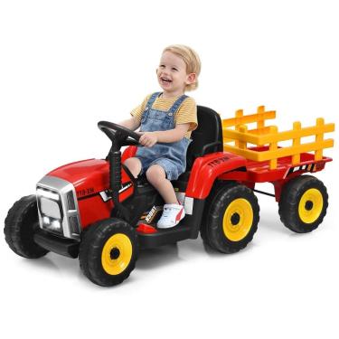 Imagem de Trator Elétrico Infantil 2 em 1 com Reboque, Controle Remoto, Câmbio de 3 Marchas, Música, USB e Bluetooth, 12V, Olakids, Vermelho