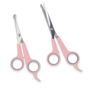 Imagem de Pacote com 2 tesouras rosa para cuidados com animais de estimação, lâminas de aço inoxidável, seguras para cães/gatos, aderência confortável para uso doméstico