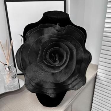 Imagem de Aplique de costura, vestido para decoração de pescoço, feito à mão, 3D, flor rosa, patch (preto com pino)