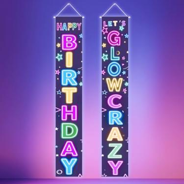 Imagem de HOMETITUTE 2 peças tapeçaria de luz negra Happy Birthday Let's Glow Crazy Vertical Wall Hanging Neon Letters Design com estrelas e confetes padrão 30,5 x 188 cm fundo preto decoração de festa
