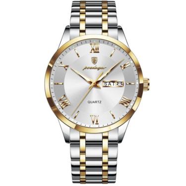 Imagem de Relógio Masculino Analógico Quartzo á Prova D´agua Em Aço Inoxidável Branco Dourado