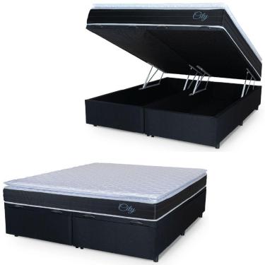 Imagem de Cama Box Baú Casal King Colchão Com Molas Ensacadas City Pillow Top 193x203x64cm Hellen Preto/branco