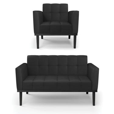 Imagem de Conjunto Poltrona E Namoradeira Decorativa Pés Fixo Em Madeira Preto Pu Preto