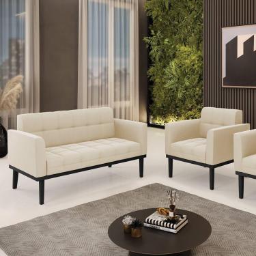 Imagem de Conjunto Poltrona E Namoradeira Decorativa Pés Fixo Em Madeira Preto Suede Bege